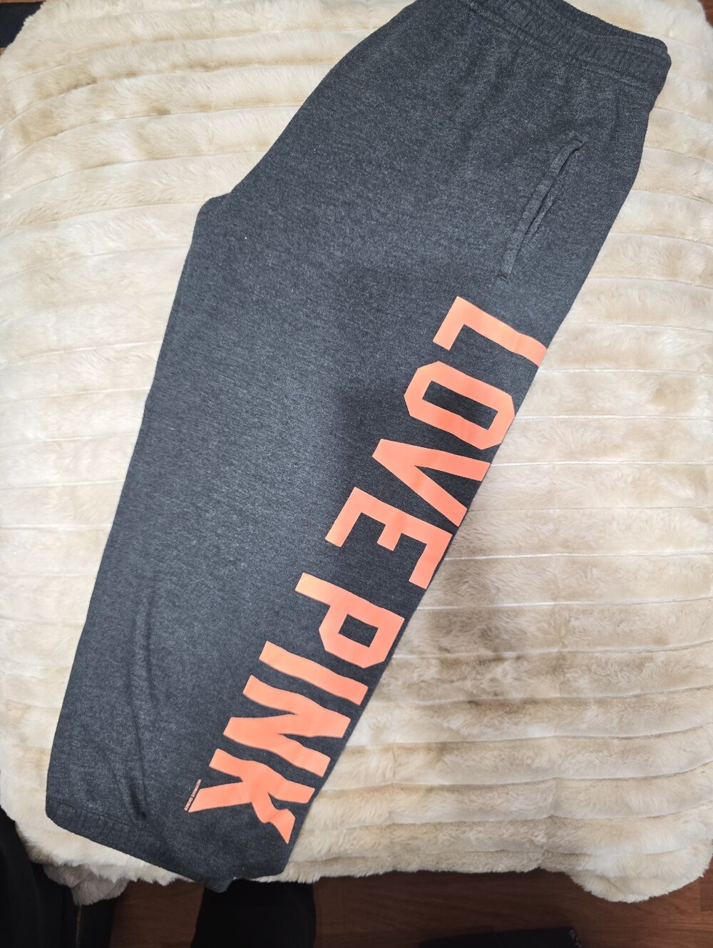 PINK Victoria's Secret Charcoal Gray Track Joggers with Coral Logo